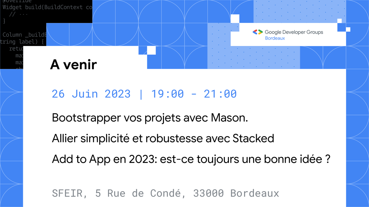 GDGBordeaux's tweet photo. 🚀 Rejoignez-nous pour un Meetup incroyable autour de #Flutter le 26 juin 2023 avec des thématiques présentées par @elainedbatista @elies_senouci et @EnzoConty.

Que vous soyez débutant ou expert, venez échanger, apprendre et vous inspirer avec une communauté passionnée. 🤝 https://t.co/Hglz4TGFM0