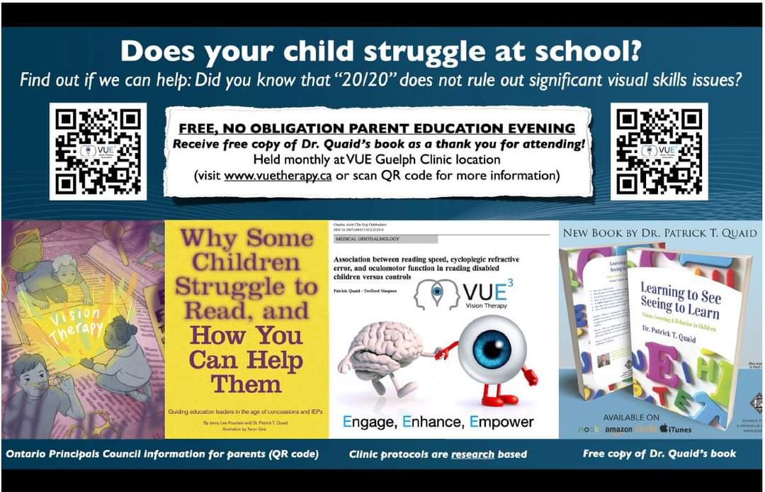 Parents - do you have a child who struggles to read? Thursday, June 22nd @ 7 pm - a free seminar in Guelph, Ontario, with the optometrist, speaker, and best-selling author Dr. Patrick Quaid can help you and your child. #students #parents #school #visualskills #author #optometrist