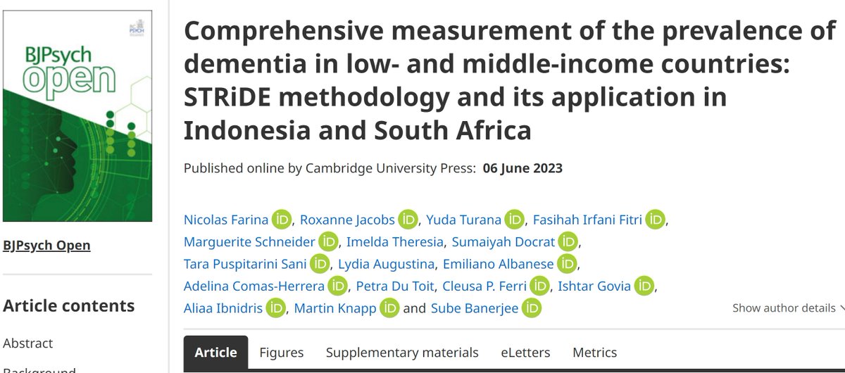 Really pleased to see this key @STRiDEDementia paper published, congratulations all involved Comprehensive measurement of the prevalence of dementia in low- and middle-income countries: STRiDE methodology and its application in Indonesia and South Africa cambridge.org/core/journals/…