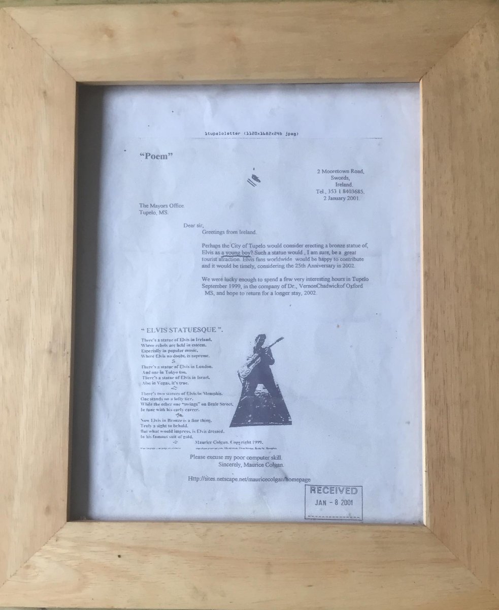 MauriceColganIE's tweet photo. This amateurish letter had an astonishing impact on Elvis Presley's birthplace, #Tupelo Mississippi. It started an industry! Resulting in 3 life-sized Elvis's and a dozen or more plaques of, "Elvis at 13". A coup for #Ireland in the Elvis Saga. #rte #pbs #rsvp #Virginmedia3 #thr https://t.co/0UUygf9ud8