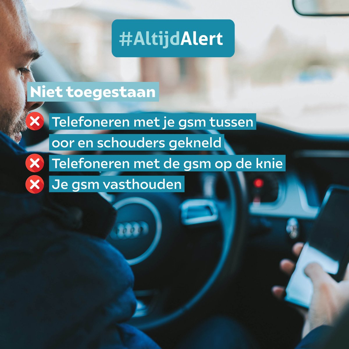 Altijd_Alert's tweet photo. Sinds 3 maart 2022 is de wetgeving rond gsm'en achter het stuur gewijzigd. 📜 Wat is wel en niet toegestaan? 

#AltijdAlert #Afleiding  #Gsm #Auto #verkeersveiligheid #verkeer #Baloise #Viasinstitute #Wetgeving #Wegcode @baloise_be @Vias_institute https://t.co/FuuzEmj9yP