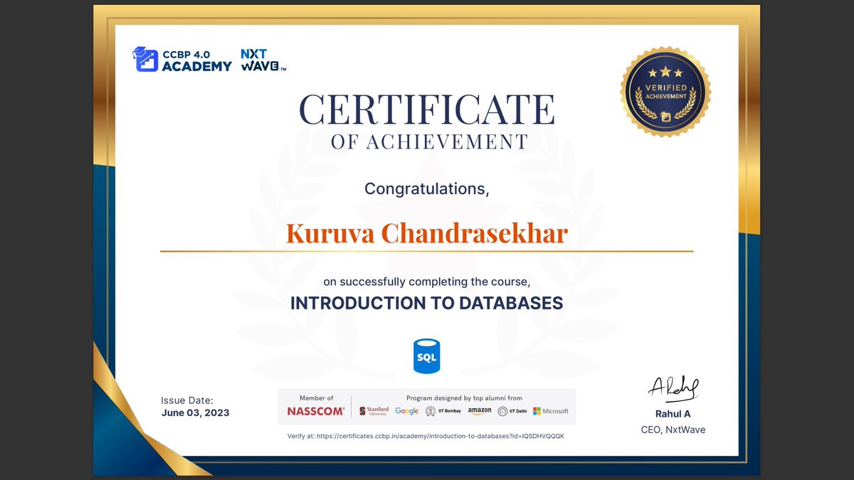 chandukuruvaa's tweet image. Hello Folks
I'm happy to share that I've obtained a new certification - "Introduction to Databases" from NxtWave 💙😇
Thankful to @rahulattuluri @sashankreddy07 @girishakash13 @avinashdara @nxtwave_tech🙌
#certificateofcompletion #sqlprogramming #sqldatabase #ccbpacademy 💚✌