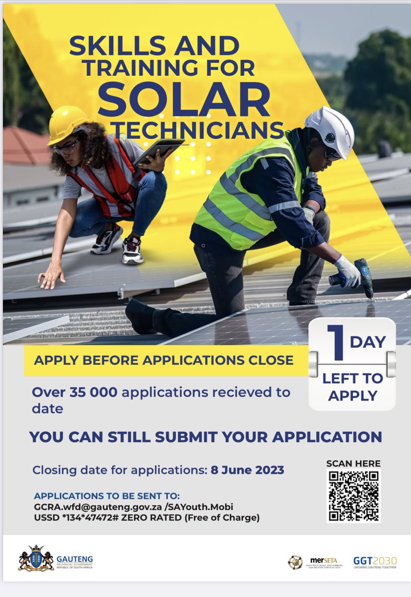 We received more than 35000 applications before the deadline on Thursday 08th June. We don’t want to leave you out. This will be a massive job opportunity as we migrate our province to renewable energy. We are awaiting for your application. #GrowingGautengTogether