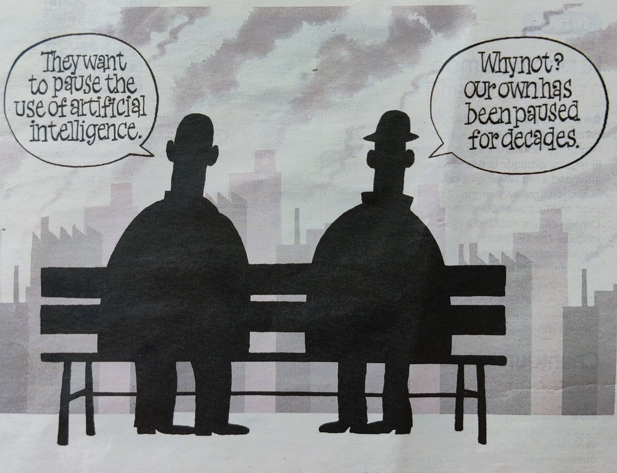 " Ils veulent faire une pause sur l'utilisation de l'intelligence artificielle 
- Pourquoi pas !? Notre intelligence à nous est en pause depuis longtemps "

Dessin de Niels Bo Bojesen
Paru dans Jyllands-posten Danemark
#IA #AI #humor #drawing #dessin #IntelligenceArtificielle