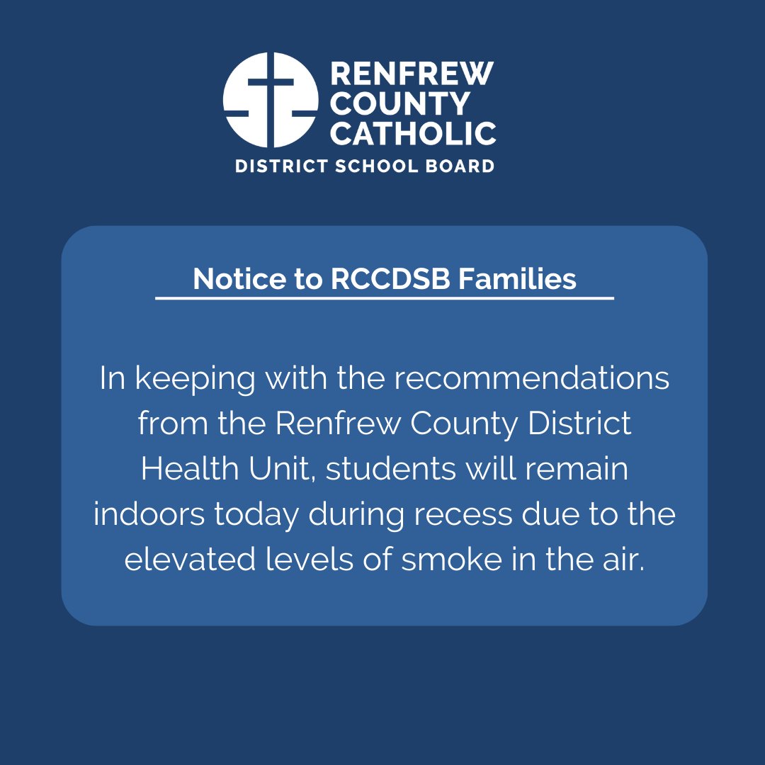 ⚠️ Notice to RCCDSB families regarding the Special Air Quality statement in Renfrew County. All students will remain indoors for recess today.