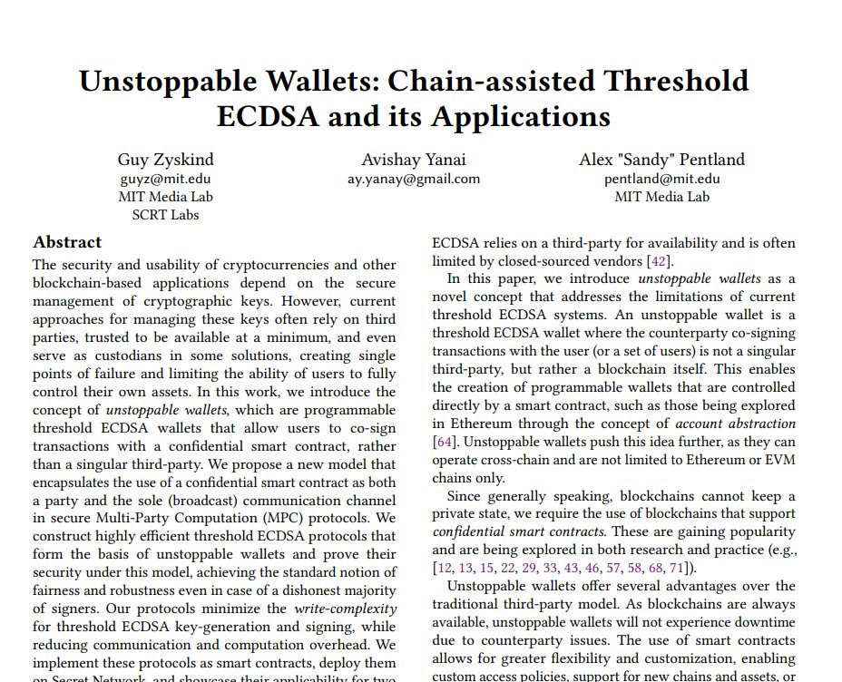 I'd invite anyone reading this tweet to take a look at this amazing research paper written by <a href="/GuyZys/">(Guy Zyskind*)</a> that unveils some incredible technology and use cases for <a href="/SecretNetwork/">Secret Network</a> 

Powering novel (and cheap):

(1) Wallet policy checking
(2) Wallet exchange

eprint.iacr.org/2023/832.pdf