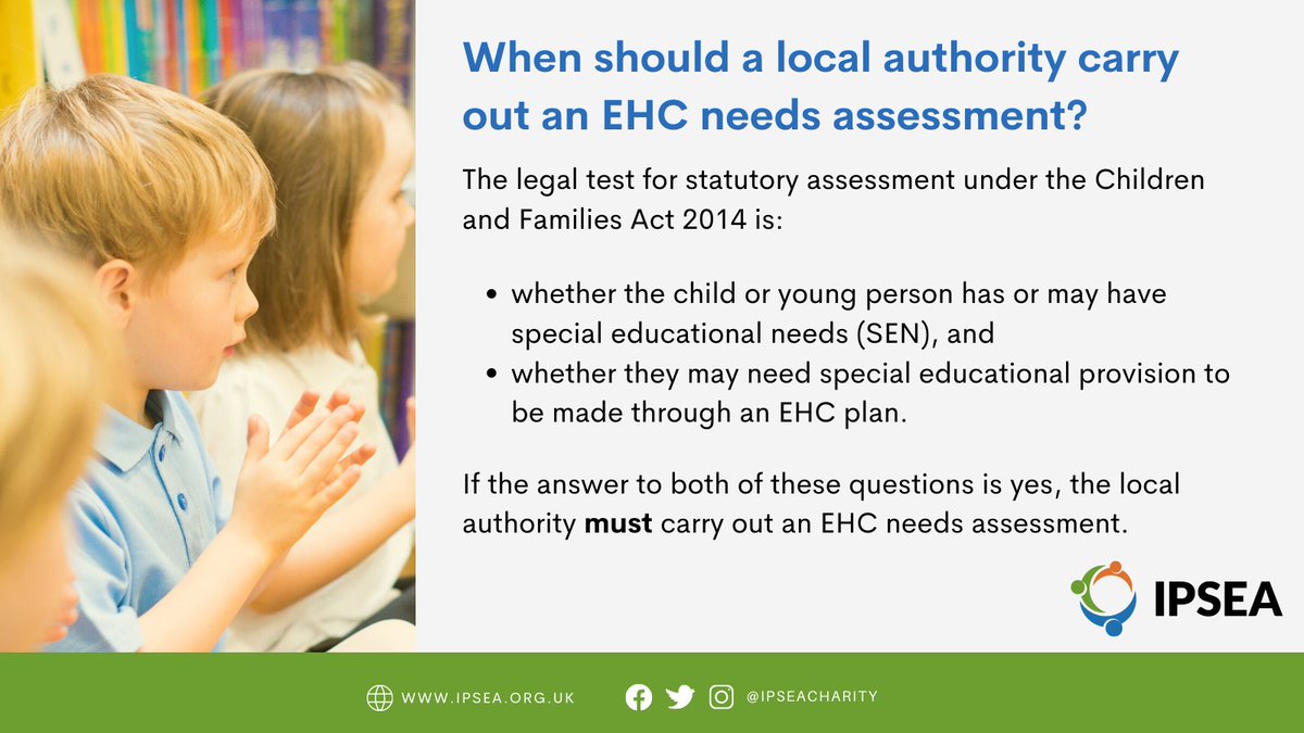 This test is set out in the law 👇

This means these are the only questions the local authority should be asking when considering whether or not to carry out an EHC needs assessment.

You can find a full guide to EHC needs assessments on our website: ipsea.org.uk/ehc-needs-asse…