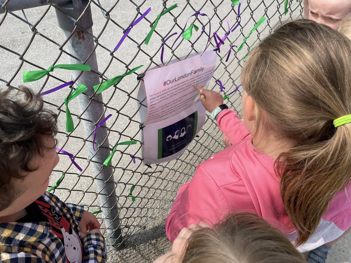 Remembering the Afzaal Family today. Tying purple and green ribbons on the fence and talking about what it means to be a good community member. #OurLondonFamily