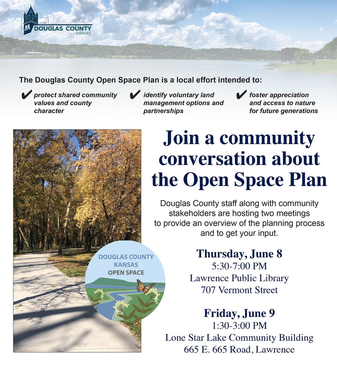 Here's you chance to contribute! Join a community conversation about the Open Space Plan. Douglas County is hosting two meetings to provide an overview of the planning process and to get your input.

Or take the survey: dgcoks.org/openspace