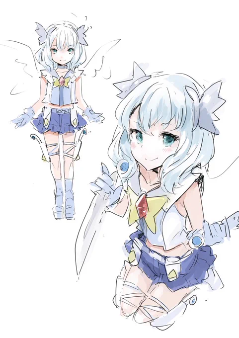 かいてみた、魔法少女っぽさだすのに苦労した。タダシさんが魔法少女になったら… 年齢…6 イメージカラー(髪色)…白 髪型…セミロング 武器…ナイフ 体型…普通 乗り物…白鳥 戦闘力(平均100)…200 かわいさ…すごく 人気、知名度(平均100)…400  #shindanmaker  