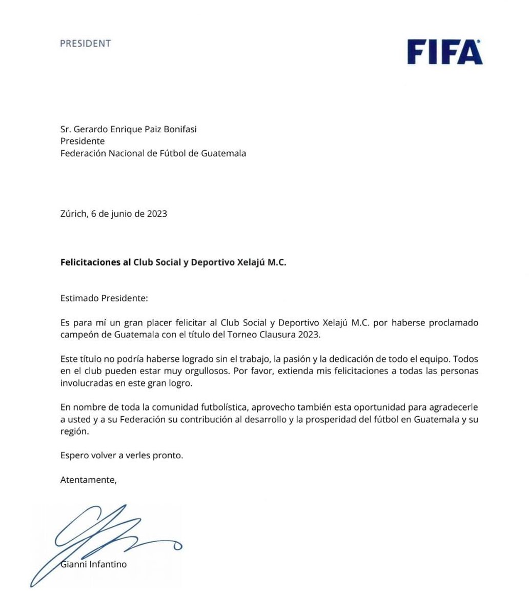 🔴 #XelajúMC | La felicitación del presidente de #FIFA , #GianniInfantino , por el logro de la #SextaLuna .