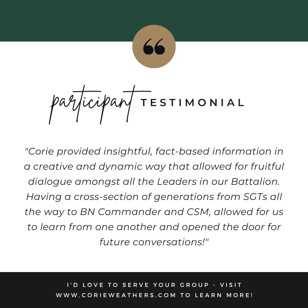 Have you ever thought about how generational differences impact work style, motivation &amp; interaction with authority across the military? There's A LOT to unpack. My "Leading Generations" training event is designed to do just that- check out the link in my bio or visit my website!