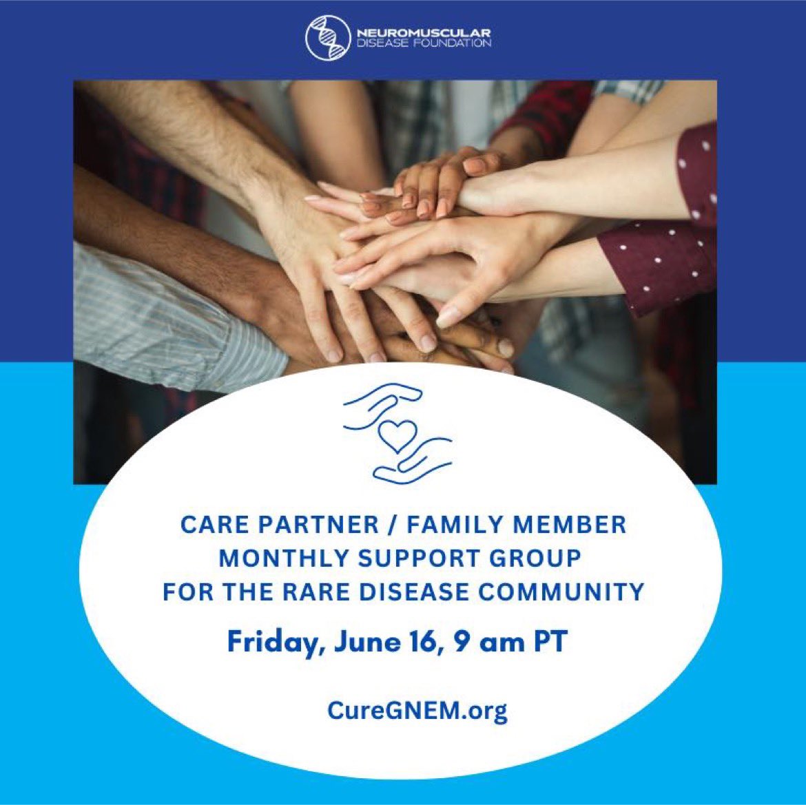 Monthly Family/Care Partner Group: A monthly online support group for family members/care partners who support patients affected by a rare disease. ➡️NDF.ticketspice.com/2023-june-care… Hope you will come and join us! #carepartner #caregivers #caregiversupportgroup #onlinesupportgroup