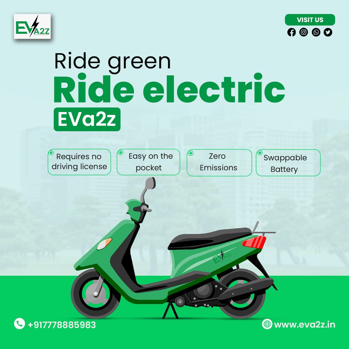 EVA2Z_ELECTRIC's tweet photo. Ride Green Ride Electric EVA2Z!β
1. Requires No driving licence
2. Easy on the Pocket.
3. No Emissions
4. Swappable Battery.
.
.
Follow:- @eva2z_electric
.
.
#ElectricScooterRentals #EcoFriendlyTransportation #RideInStyle #ComfortableRides #TwoWheelerRentals https://t.co/2xliB6Y3eO
