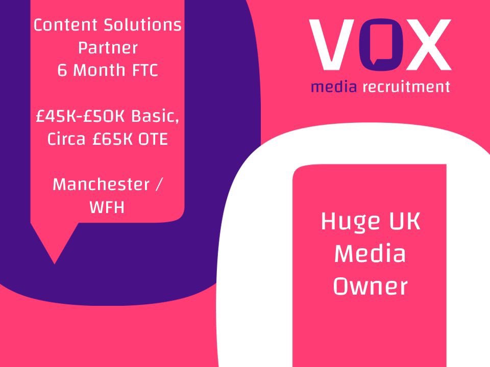 💥 NEW ROLE 💥

Either looking for a return to work or just the opportunity to move into Content Solutions?

We are currently recruiting for an initial 6 month contract for a Content Solutions Partner for one the UK's largest media owners. 

lnkd.in/d3KrHfiy