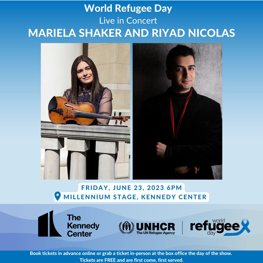 🎻 Join us for a free concert with accomplished violinist and award-winning refugee advocate <a href="/MarielaShaker/">Mariela Shaker</a>!

🎶 On the Kennedy Center's #MillenniumStage this #WorldRefugeeDay.

kennedy-center.org/whats-on/mille…