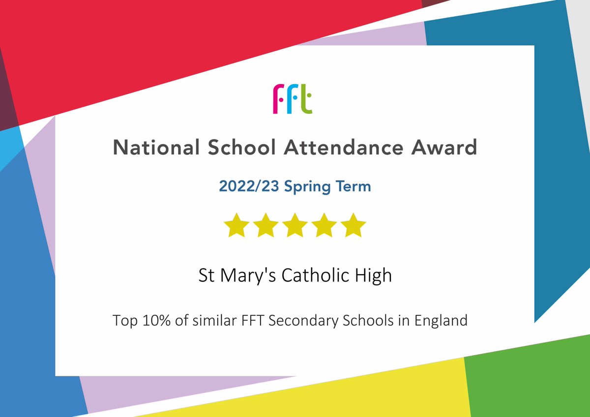 St Mary’s is delighted to have been awarded the Fisher Family Trust (FFT) National School Attendance Award for Spring Term 2023, placing us in the top 10% of similar secondary schools in England. @FFTEdu @rcaoseducation #croydon