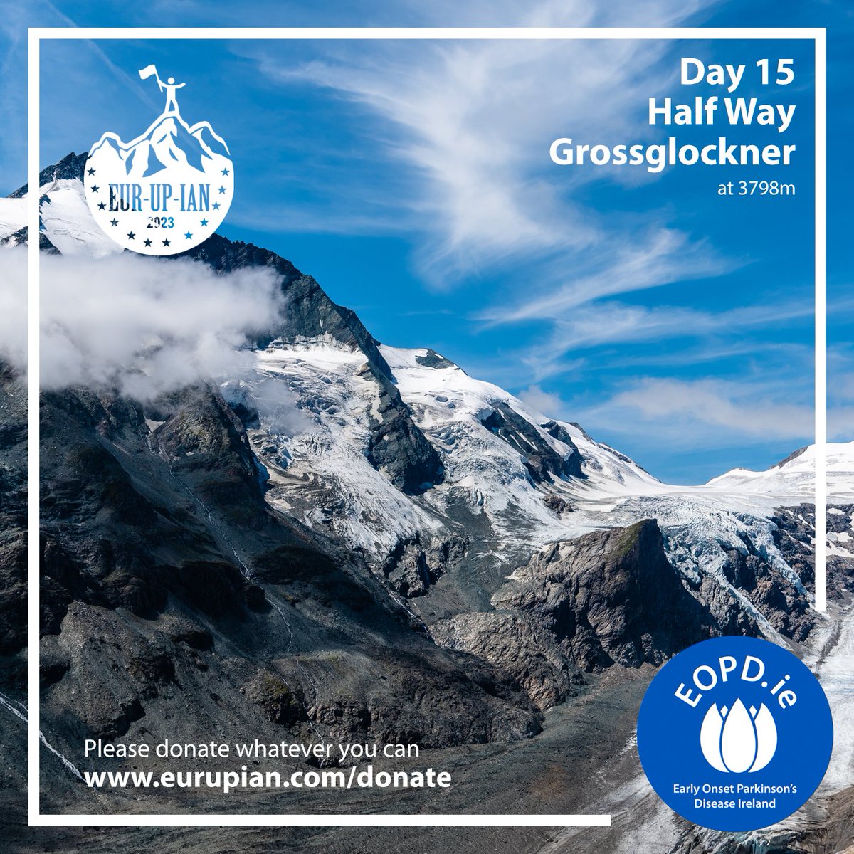Day 15: Just over half-way through his epic challenge, @eurupian  is in Austria at the foot of Grossglockner (3,798 metres elevation), AKA the ‘black mountain’ ⛰️. Follow Ian's route as his incredible challenge continues eurupian.com/route/ #EurUpIan #eopd #parkinsonsdisease
