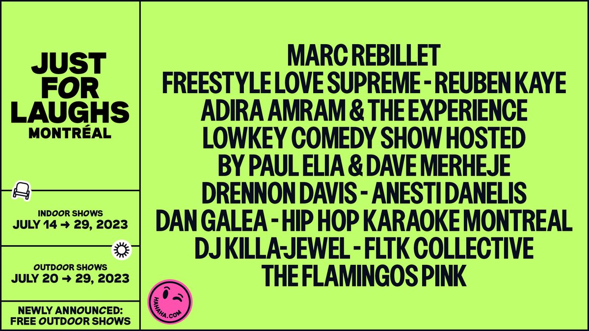 JUST ANNOUNCED ✅  The full lineup of FREE outdoor shows happening at this year's Just For Laughs MONTRÉAL is finally here! Outdoor shows run from July 20-29 ☀️ 
🎫 No tickets or reservations required, it's free!
➡️  For more details: montreal.hahaha.com/en
