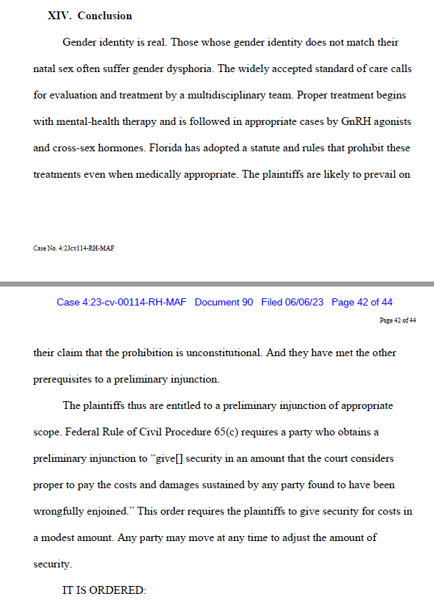 Incredible news out of Florida.

Florida's gender affirming care ban has been blocked in part. The decision is complex, but this should be enough to allow care to proceed soon.  

This is the first (of many) wins against gender bans this year.

'Gender identity is real.'