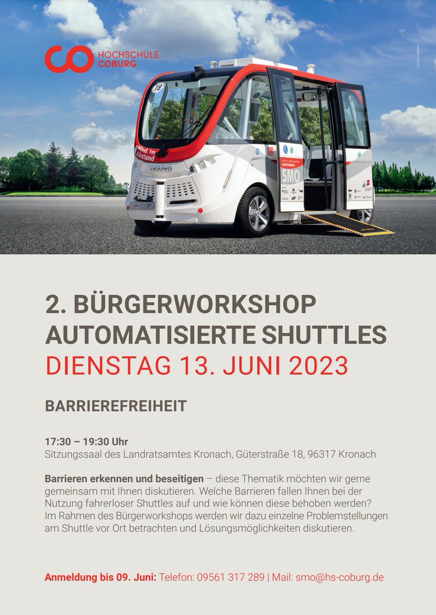Wir möchten alle Interessierten zum zweiten Bürger:innenworkshop in Kronach einladen. Dieser findet am 13.06.23 von 17:30-19:30 im Sitzungssaal des Landratsamtes Kronach statt. Das Thema ist „Barrieren erkennen und beseitigen.“ 
<a href="/hs_coburg/">Hochschule Coburg</a>