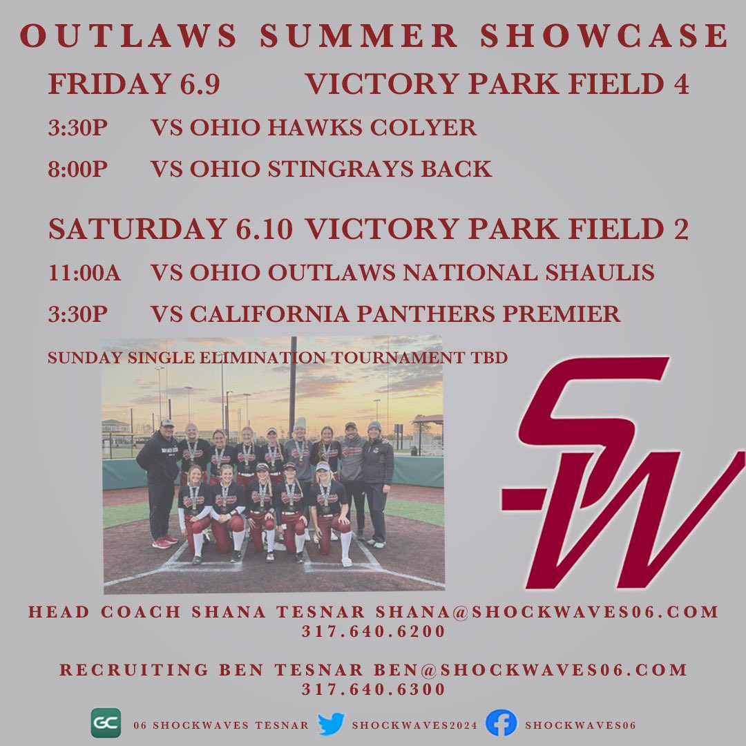 Shockwaves2024's tweet image. The Shockwaves are back for the summer run!  The team heads to North Ridgeville, OH, this weekend for the D1 Outlaws Summer Showcase.  Games start Friday, follow the action on GameChanger Team Manager - "Indiana Shockwaves - Tesnar".  #KSA