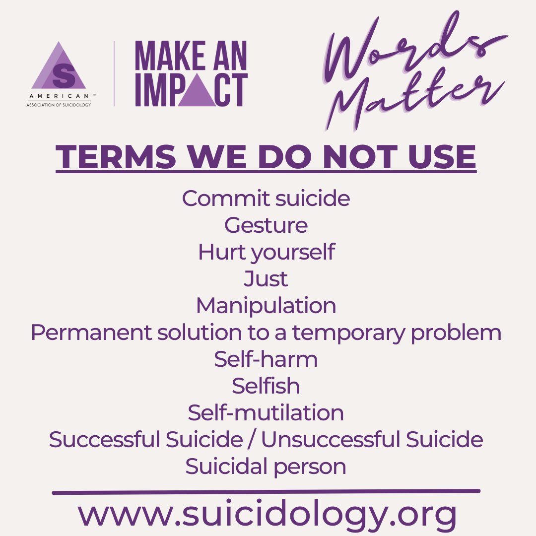 AASuicidology's tweet image. #WordsMatter: The knowledge and use of appropriate terminology when dealing with issues related to #suicide helps to reduce stigma associated with help seeking. 

For more resources, visit suicidology.org.

#AASMakeAnImpact #suicideprevention #mentalhealth