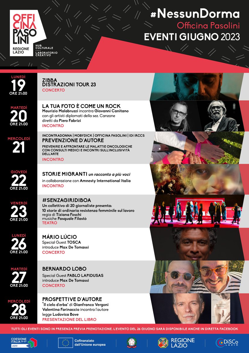 Ecco tutti gli appuntamenti di giugno a #OfficinaPasolini. Tutti gli eventi sono gratuiti con prenotazione al link: officina-pasolini.eventbrite.com
L’accesso al Teatro De Filippo è da Viale Antonino di San Giuliano 782/angolo Via Mario Toscano.
<a href="/RegioneLazio/">Regione Lazio</a> #Laziodisco #nessundorma