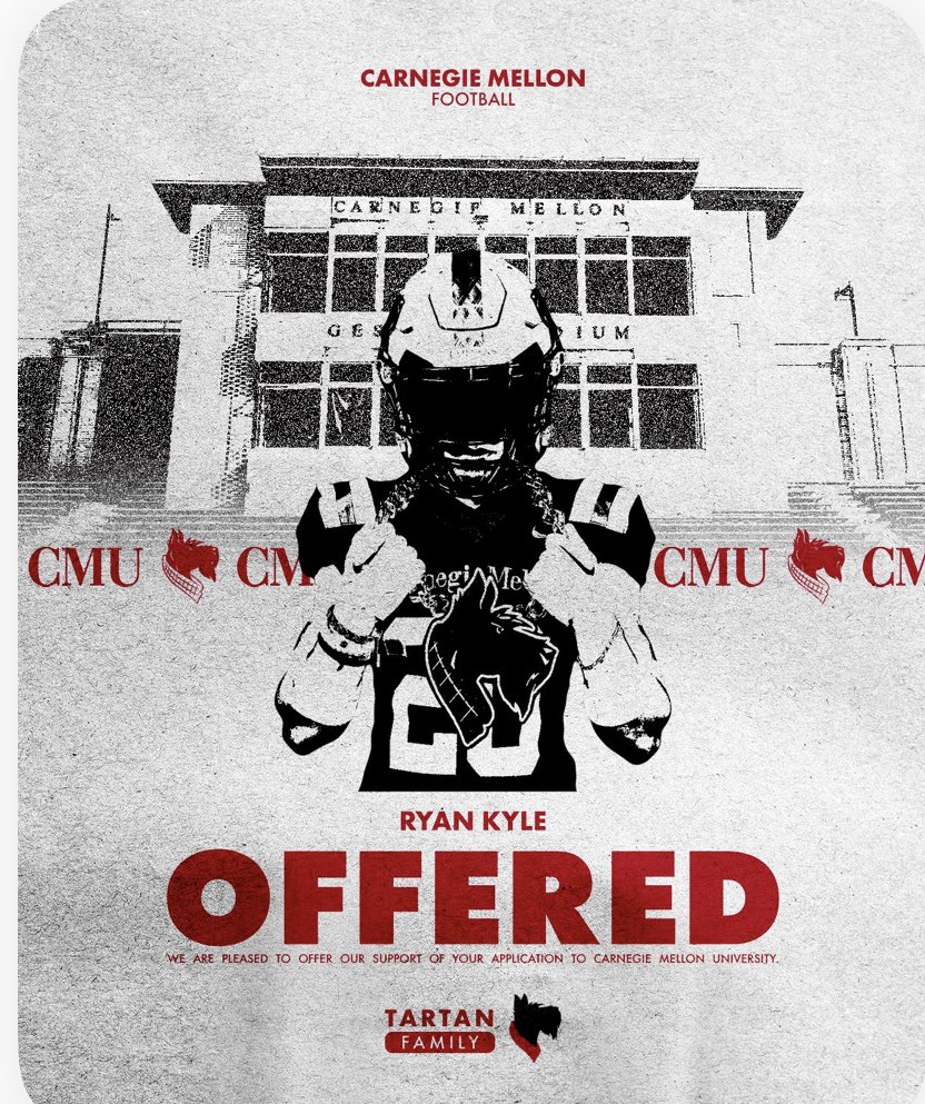 After a great phone call with @CoachGibboney I am pleased to announce I have been offered an opportunity to continue my education and football at the prestigious @CarnegieMellon @TartanFB @CoachRyanLarsen @T_Roken @Coach_Sug @mikepieco #gentlemen #CODE #RDT #BYB #tartanproud