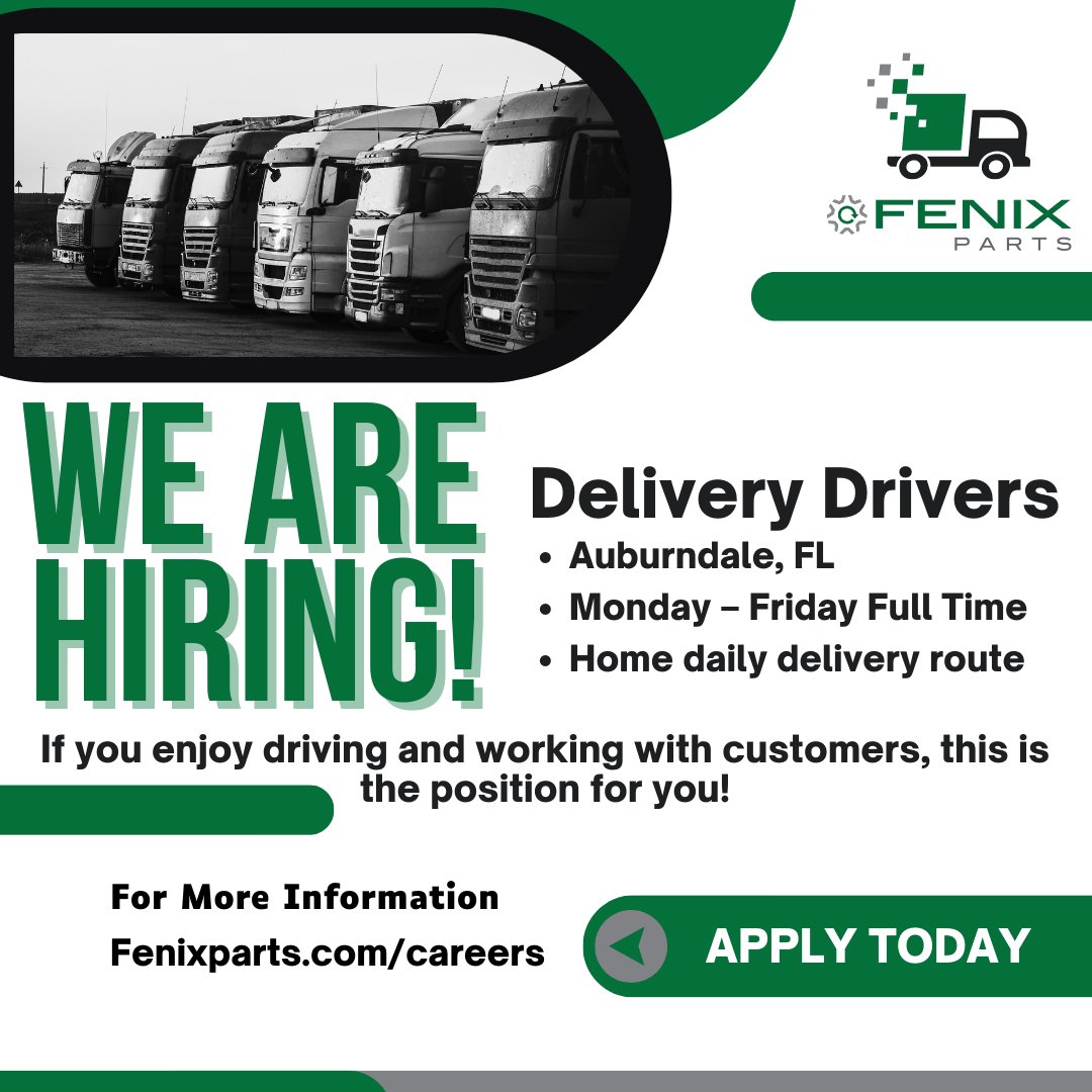 Fenix_Parts's tweet image. Fenix Parts is hiring DELIVERY DRIVERS!!!!
--Auburndale, FL-- MON-FRI, Full Time, Home Delivery Route
 Fenixparts.com/careers

 #delivery #drivers #customers #enjoy #deliverydrivers #parts #auburndale #mon #route #oemparts #recycledcarparts