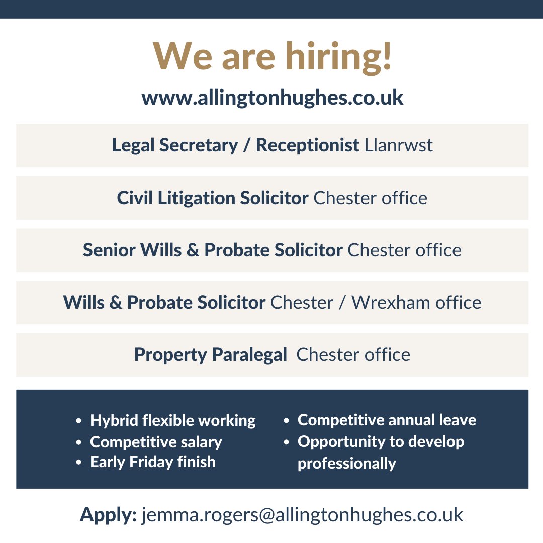 🔊 JOB ALERT

Allington Hughes are growing and we are looking for exceptional people to join us!

We are recruiting for a number of roles across our Chester, Wrexham and Llanrwst offices.

For more information visit our careers page
allingtonhughes.co.uk/about-us/caree…

#legaljobs