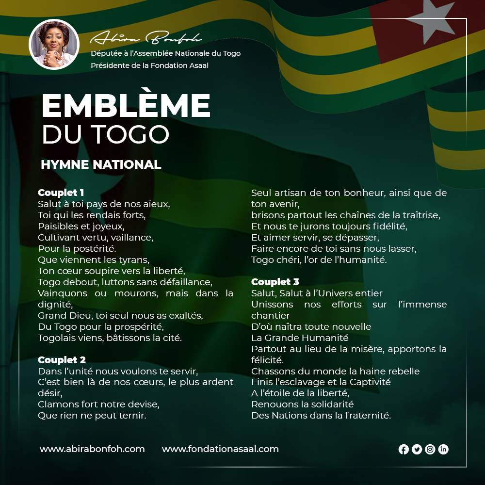 #EmblemesTogo
#HymneNational#
#Armoiries
#LeDrapeau
#LeSceau
#LaDevise 
#Togo
@AbiraBonfoh