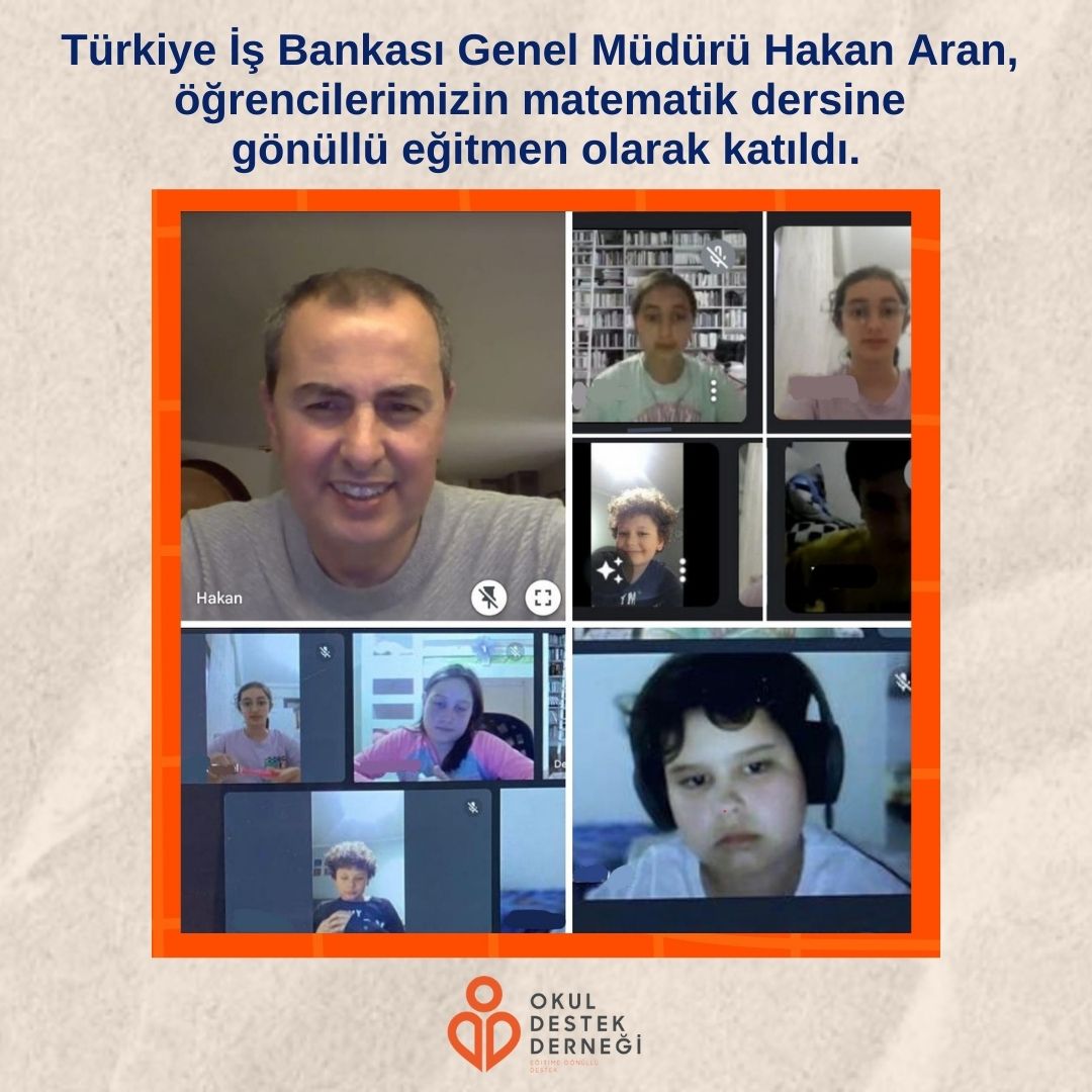 OkulDestek's tweet photo. Türkiye İş Bankası Genel Müdürü Hakan Aran, çevrim içi olarak gerçekleştirdiğimiz 5. sınıf matematik dersimize gönüllü eğitmen olarak katıldı! 

Türkiye İş Bankası ile gerçekleştirdiğimiz iş birliği ile 500 öğrencimiz ders desteği almaya devam ediyor.

@HakanAran16 
@isbankasi https://t.co/PuovRJZrGQ