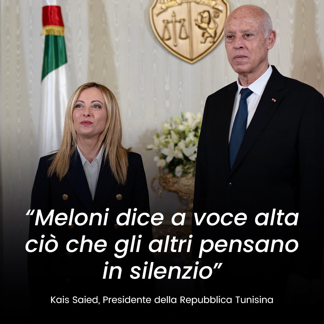 🔵 Oggi Giorgia #Meloni ha incontrato il Presidente della Tunisia Kais Saied che - dopo un colloquio sui temi sociali, economici e migratori - le ha rivolto parole di stima e apprezzamento.

Grazie al nostro Governo, l’Italia è tornata ad ispirare fiducia nel contesto mondiale.