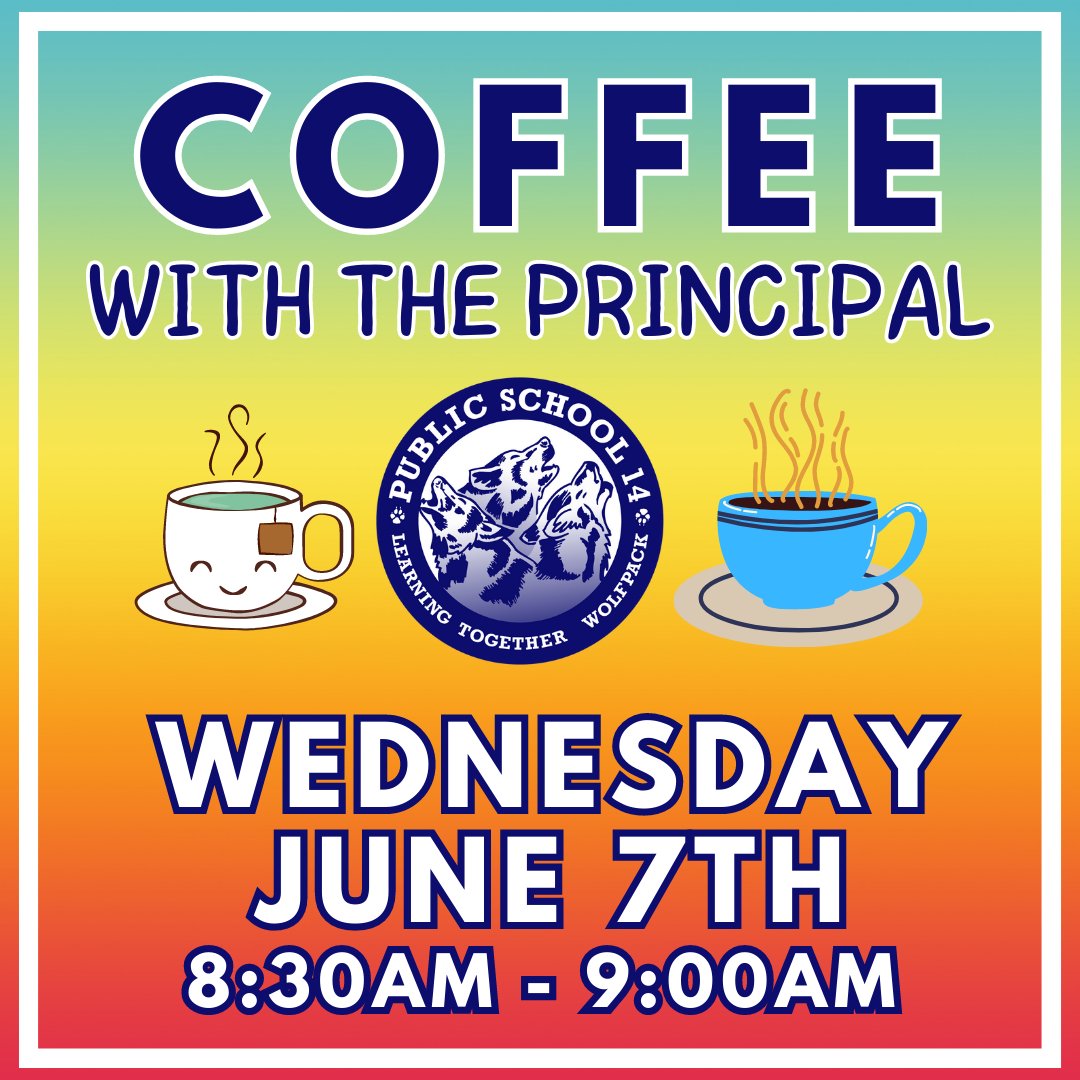 Our last Coffee with the Principal for the school year is TOMORROW! Join us in the Family Welcome Center, Room 204 at 8:30am to hear from Mr. Schulman.
@PS14Bronx @D8Connect @jen_joynt @FLCDIST8 @CECD8Bronx