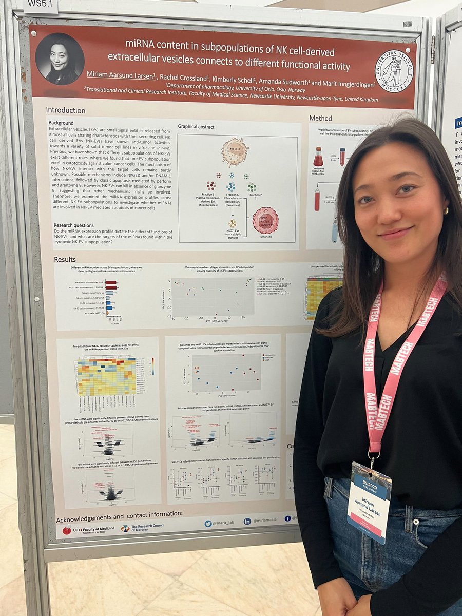 Miriam @Mirilarsen have had a busy day presenting her data on subsets of NK cell EVs at #SSI2023 in Finland! @UniOslo_MED @forskningsradet