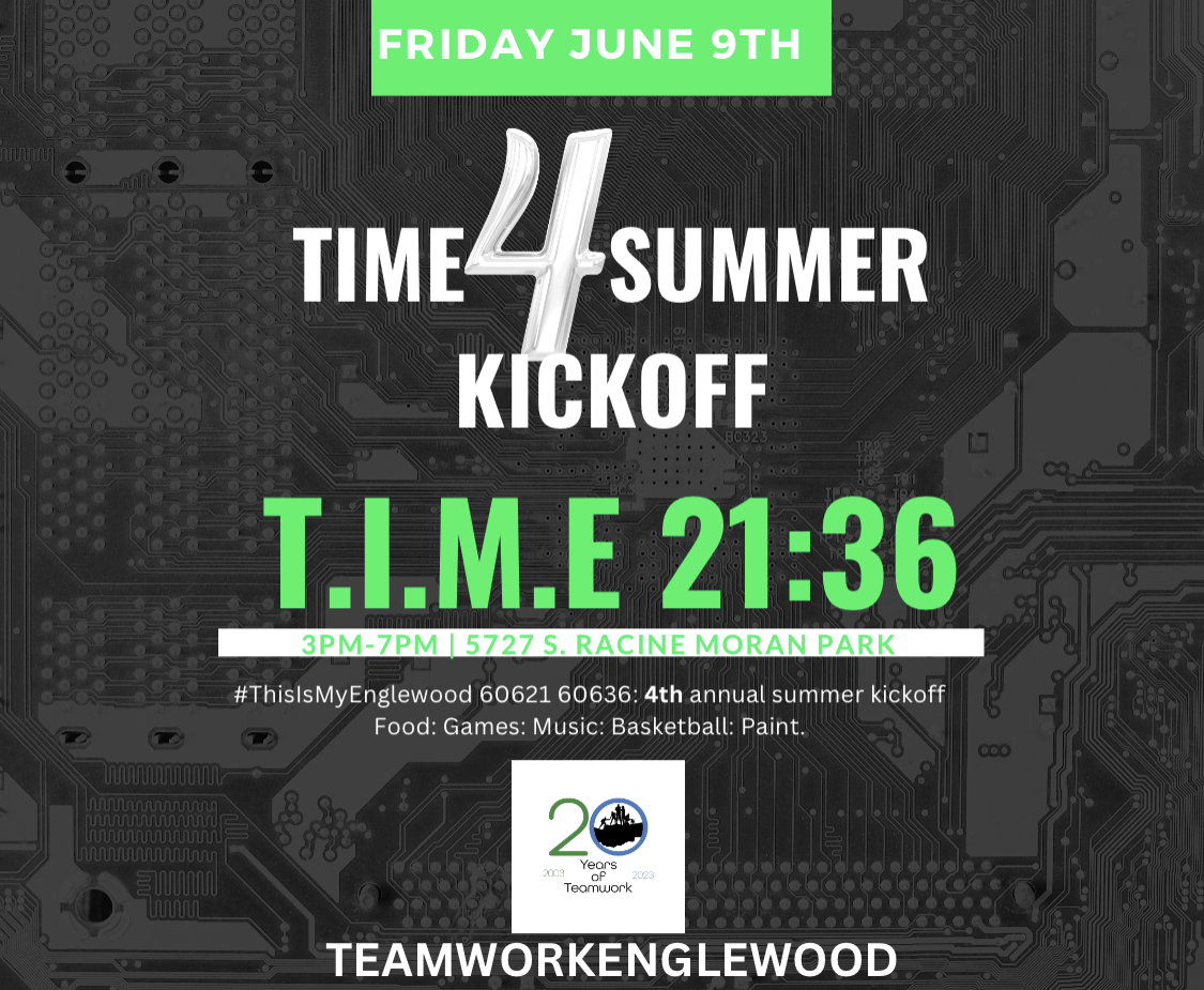 ChiCommSafety's tweet photo. . @tmwkenglewood - is hosting their 4th annual #TIME4Summer Kickoff. They will be taking over Moran Park this summer to create safe spaces for residents in #Englewood to enjoy a safe #summer. There will be food, music, games, & yoga. Please Join @tmwkenglewood! #Chicago https://t.co/ktNA5V1K1g