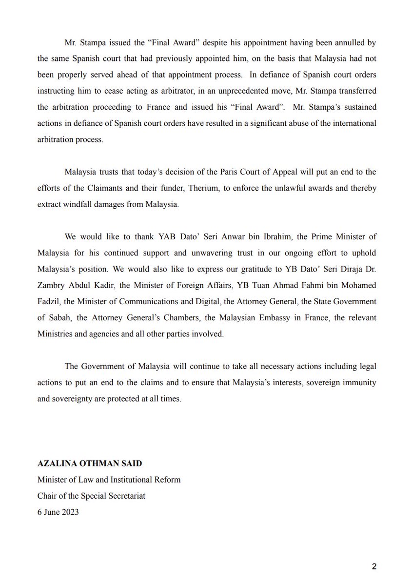 1. Malaysia has won a legal battle in France to set aside an award of US$14.92bil to the alleged heirs of the Sulu Sultan.

Law and Institutional Reform Minister Azalina Othman says the Paris Court of Appeal upheld Malaysia’s challenge against the partial award.