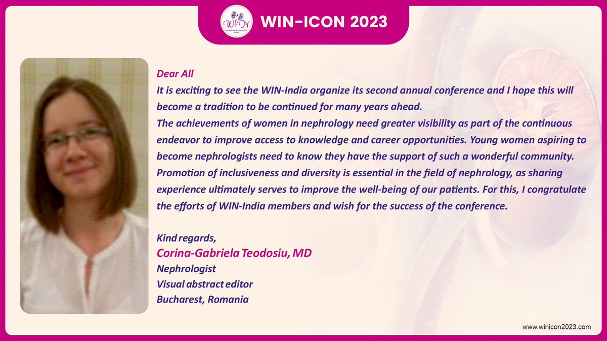 “Promotion of inclusiveness & diversity is essential in the field of nephrology, as sharing experience ultimately serves to improve the well-being of our patients, for this I congratulate the efforts of WIN India & wish success of the conference” - @CTeodosiu 

💌 for #WINICON