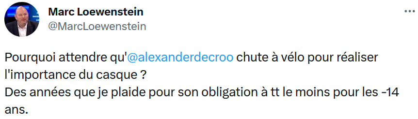 Le casque est utile pour faire de la vitesse, pour conduire des engins motorisés (même électriques) et  pour certaines activités au delà de 50 ans (poke <a href="/alexanderdecroo/">Alexander De Croo 🇺🇳</a>).

Pouquoi Loewenstein s'acharne-t-il sur les enfants?