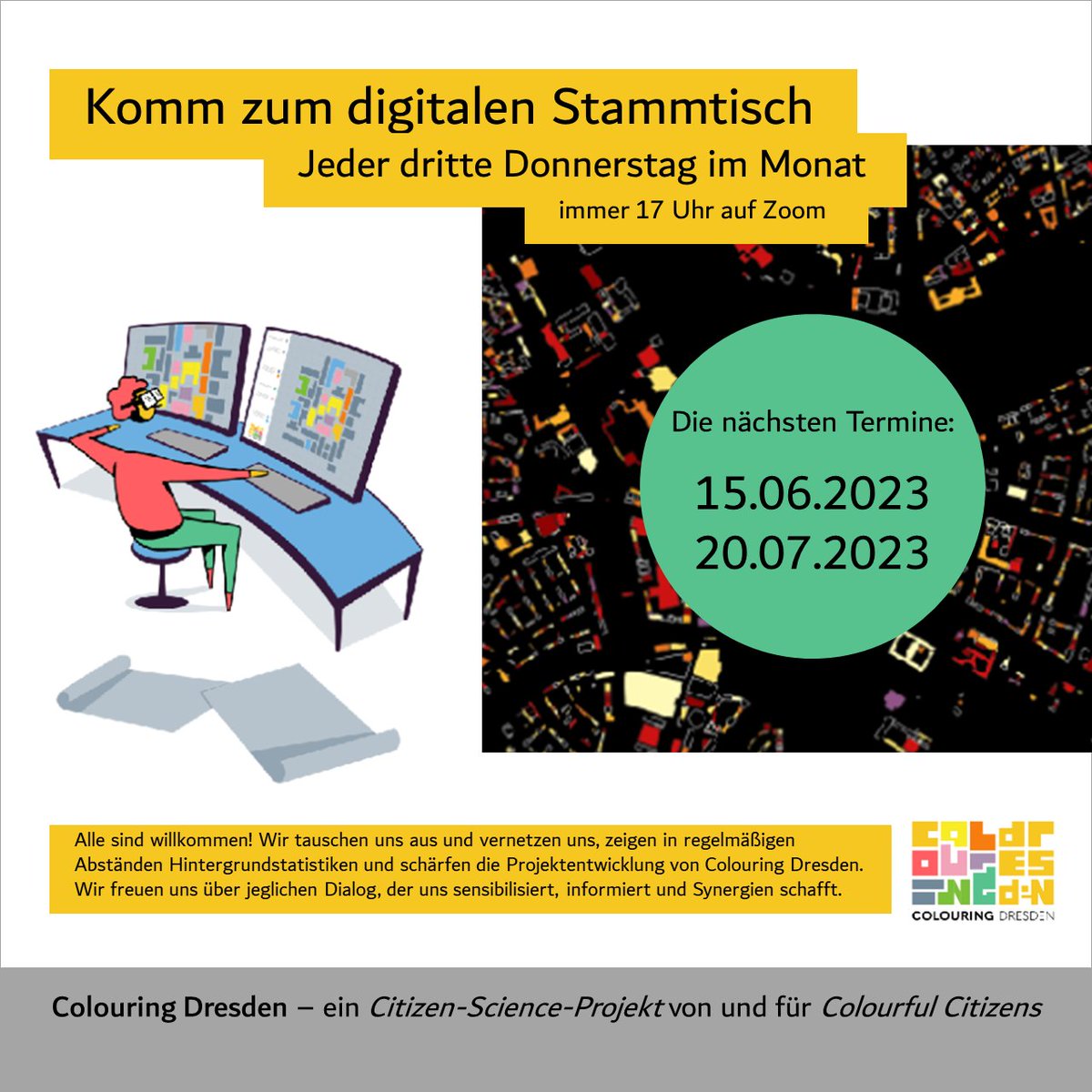 Hast du Fragen zum Projekt #ColouringDresden? Möchtest du uns kennen lernen oder dich mit anderen Interessierten connecten? Dann komm zum #digitalenStammtisch am 15.06.2023 um 17 Uhr! Zoom-Link: ioer-de.zoom.us/j/81514755559?… @mitforschen @wissimdialog @ZfBKSachsen @saxorum @BDABund