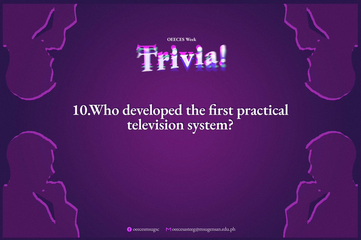 oeecesmsugsc's tweet photo. 𝐓𝐑𝐈𝐕𝐈𝐀 #𝟏𝟎

Who developed the first practical television system?

𝐀𝐧𝐬𝐰𝐞𝐫 𝐅𝐨𝐫𝐦𝐚𝐭:
ANSWER
#TeamHashtag https://t.co/njQKLYpBn0