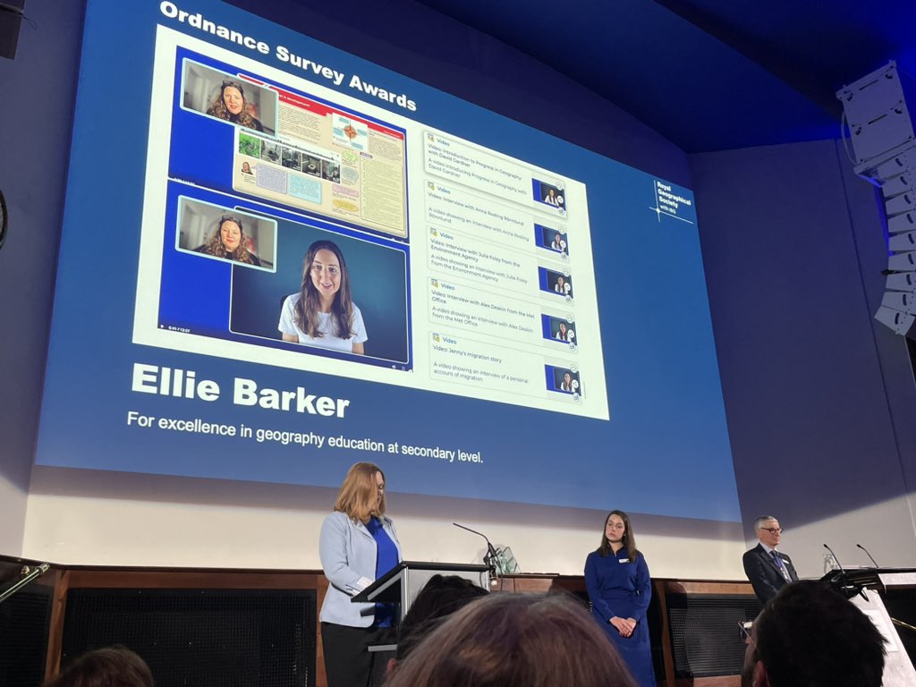 🤩🏆🌟 Superstar alert! 🌟🏆🤩 The inimitable @thecuriousgeog receiving the @RGS_IBG @OrdnanceSurvey award for excellence in secondary education! If you’ve ever shown your students one of Ellie’s brilliant YouTube videos, you’ll know how deserved this is 🙌 #geographyteacher