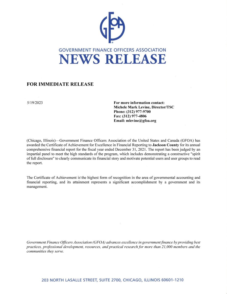 JacksonCountyGA's tweet image. For the 17th consecutive year, Jackson County has won the Certificate of Achievement for Excellence in Financial Reporting for its annual comprehensive financial report FY 2021.

To view the ACFR report, visit: jacksoncountygov.com/DocumentCenter…