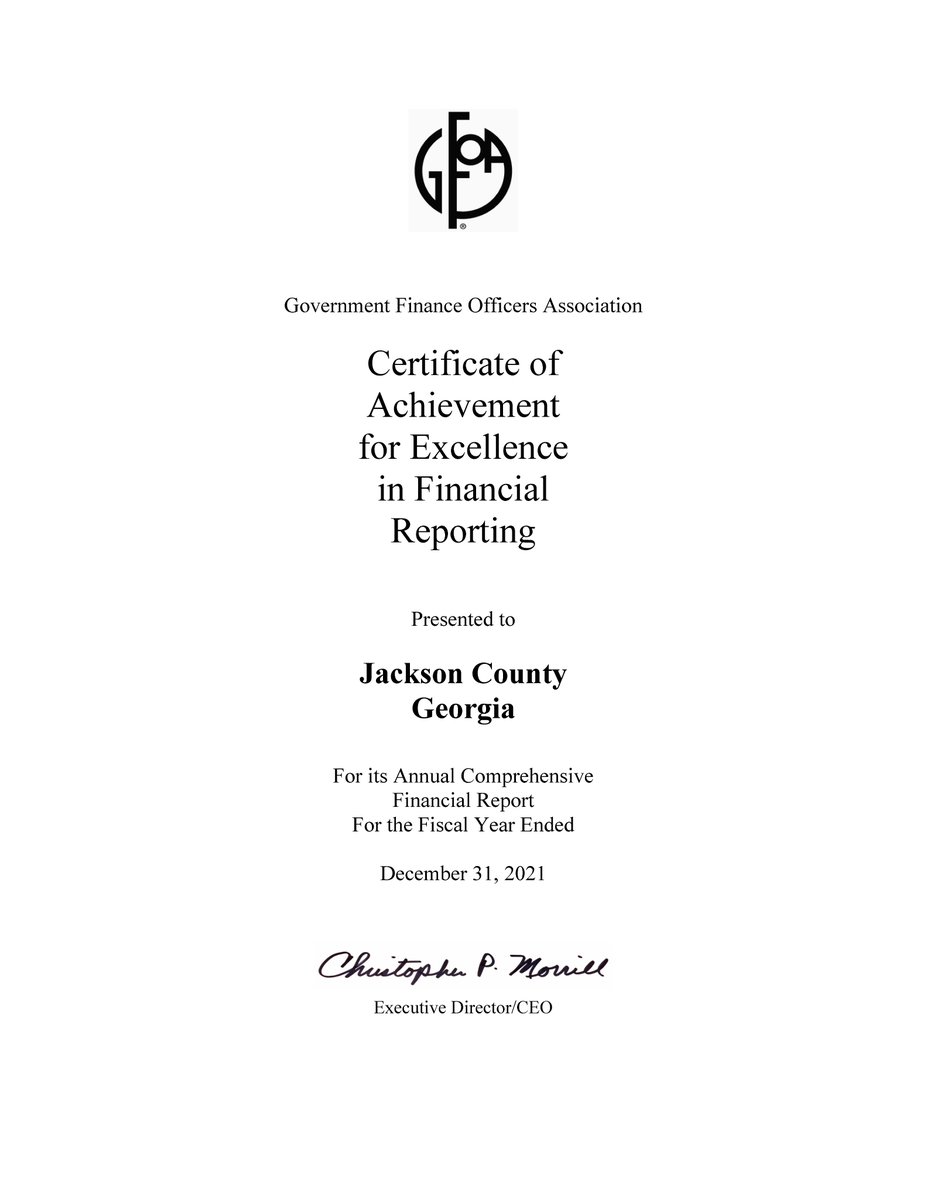 JacksonCountyGA's tweet image. For the 17th consecutive year, Jackson County has won the Certificate of Achievement for Excellence in Financial Reporting for its annual comprehensive financial report FY 2021.

To view the ACFR report, visit: jacksoncountygov.com/DocumentCenter…