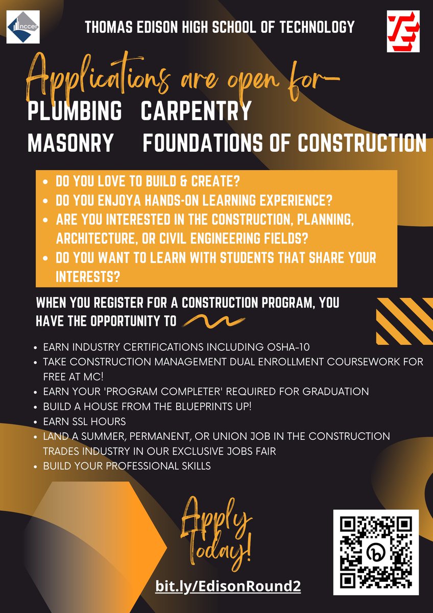 We currently have vacancies in our Foundations of Construction, Plumbing, Carpentry, and Masonry programs (see flyer attached) for next year. We also have openings in our Law and Leadership program. Apply today!!!! 

The application can be found here:
docs.google.com/document/d/1fO…