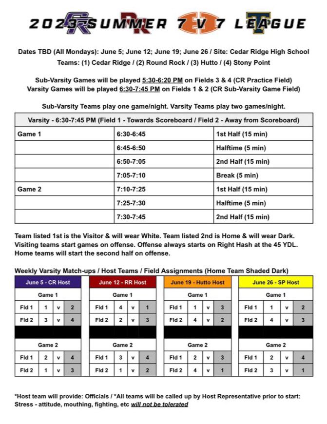 stpfootballbc's tweet photo. Come out and support the Tigers in the 2023 Summer 7v7 League! Games are scheduled for Monday evenings! Please see the schedule for Freshman, Junior Varsity, and Varsity Games to be held at Cedar Ridge High School through June. 
GO TIGERS! 🐅🏈
#TigerNation #sTpFootball https://t.co/Y69RCFSu8C