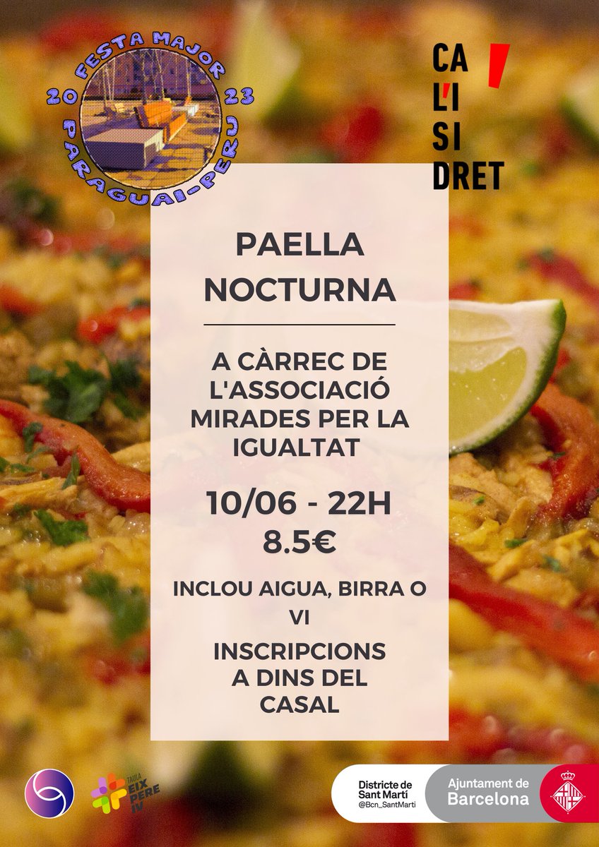 Paella Nocturna en el marc de la festa major!

Us hi esperem!

+info 623 46 34 52