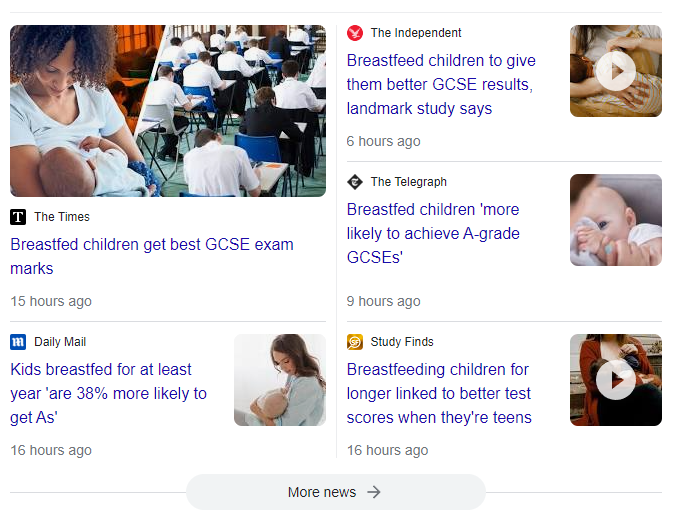 Lots of coverage today of the UK study that says breastfed kids are more likely to get good exam results.

This is the study: adc.bmj.com/content/early/…

I can't possibly write another article about this because you'll think I'm obsessed, so here's a Twitter thread about it instead: