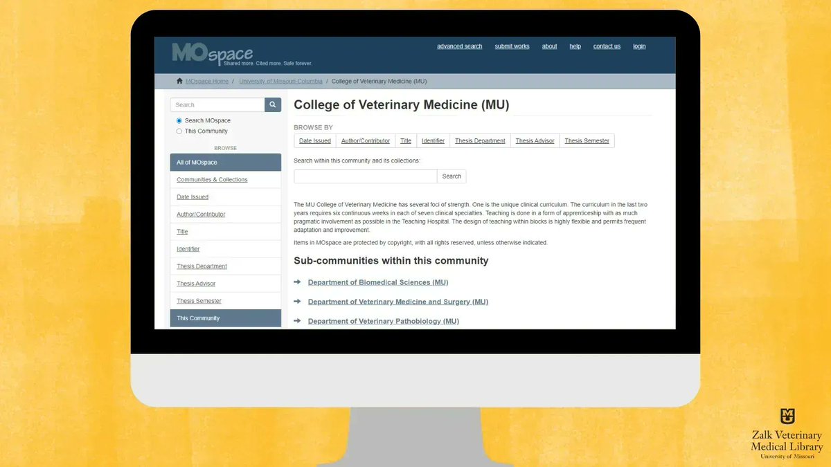 Have you heard of #MOspace? Our institutional repository is a 'permanent digital storehouse' of research or publications by faculty, staff, & students--as well as digitized UM publications. Go to mospace.umsystem.edu and start searching! #MizzouLibraries #DigitalArchive